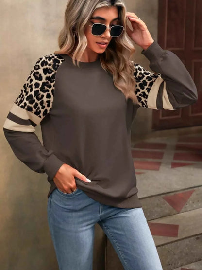 Leopard Round Neck Raglan Sleeve Sweatshirt