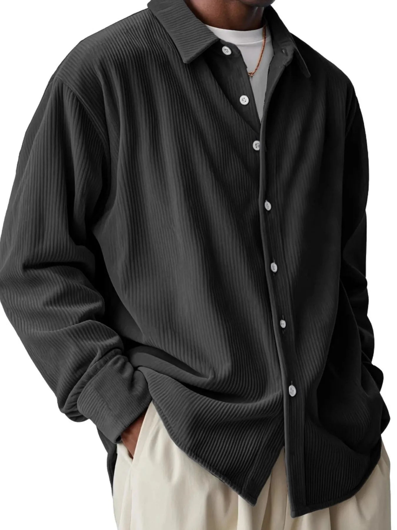 Men's Full Size Textured Button-Down Corduroy Shirt Plus Size
