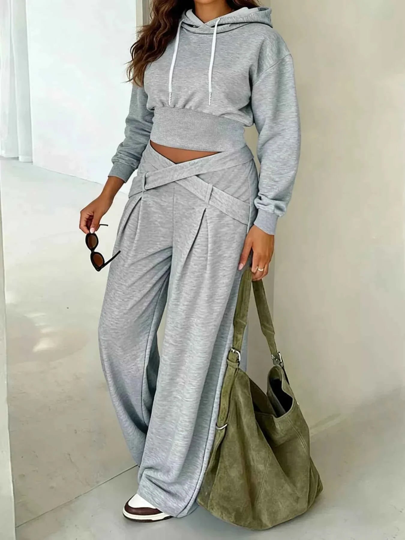 Casual Cropped Hoodie and Wide Leg Pants Set