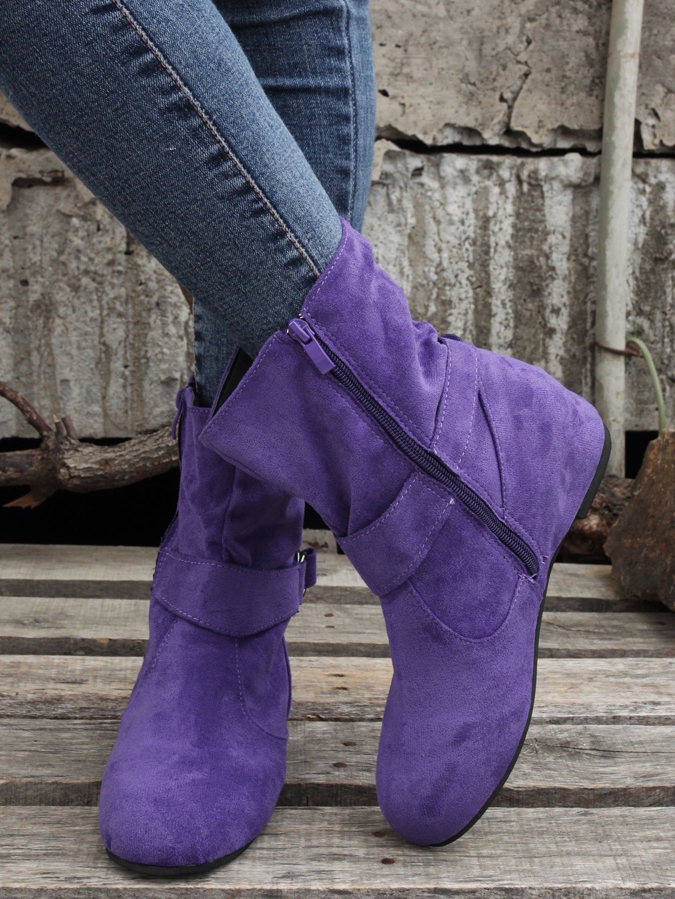 踝靴 圓頭 扣環 皮帶 側邊拉鍊靴