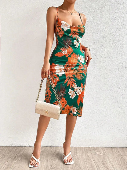 露背交叉印花緊身連身裙