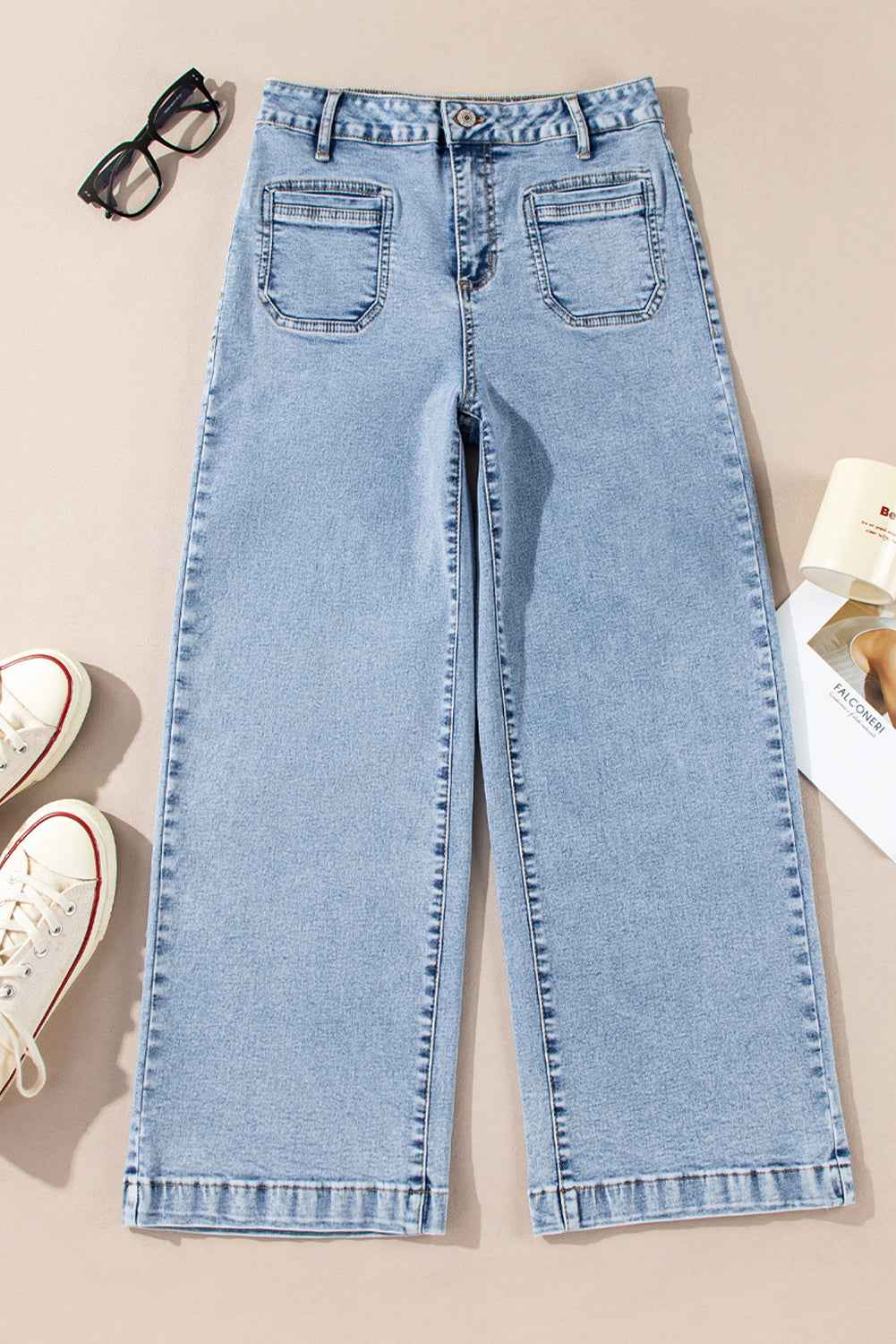 Light Blue Chic Patch Pocket Straight Leg Loose Jeans