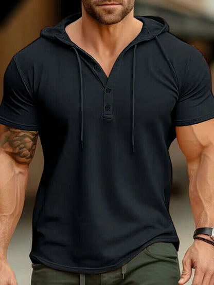 Men's Full Size Casual Hooded Henley T-Shirt Plus Size