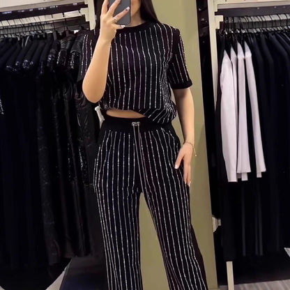 豎條紋水鑽上衣兩件套