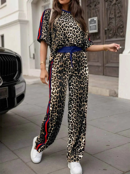 Leopard Round Neck Top and Pants Two-Piece Set