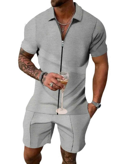 Men's Plus Size Zip Up Short Sleeve Top and Shorts Set