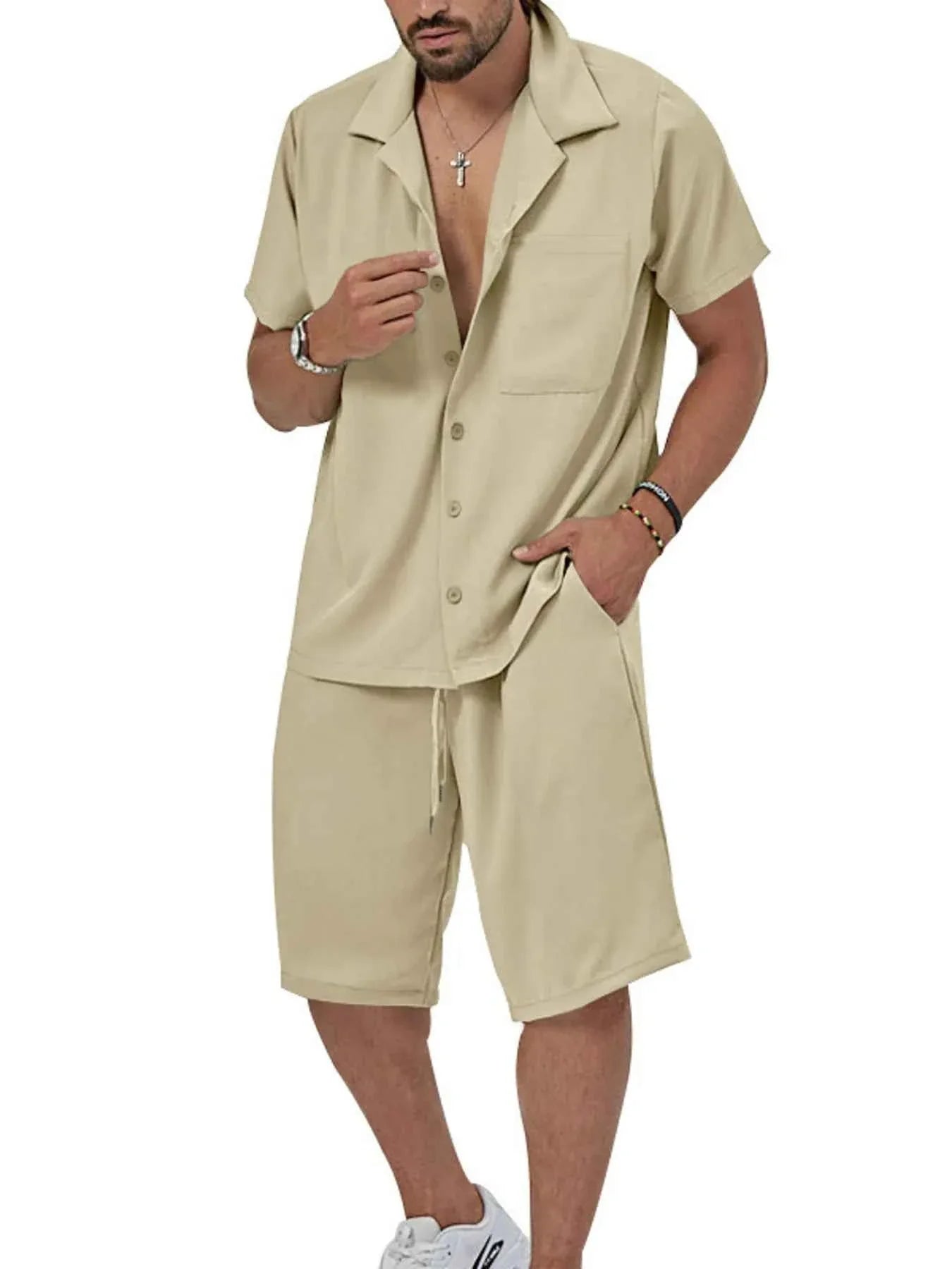 Men's Plus Size Button Up Short Sleeve Shirt and Shorts Set