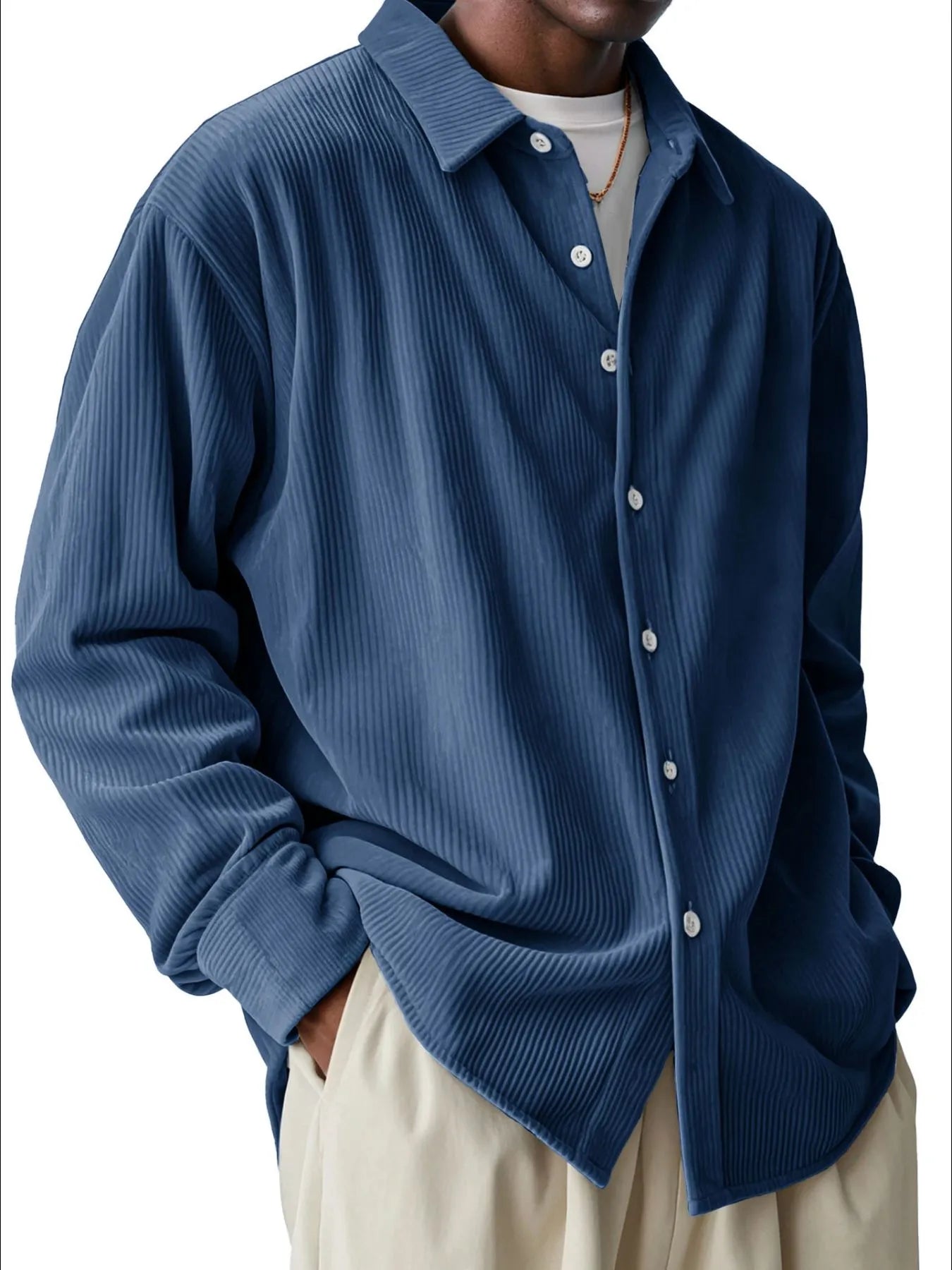 Men's Full Size Textured Button-Down Corduroy Shirt Plus Size