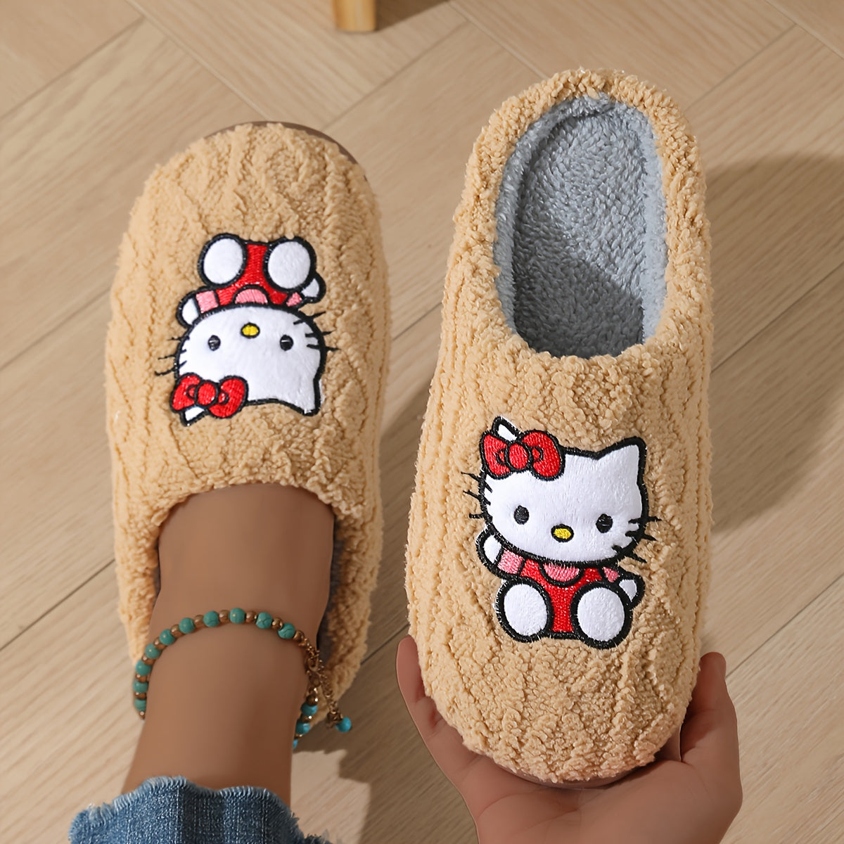 Sanrio Authentic Winter Slippers, Warm Lining, Hello Kitty Embroidery Design