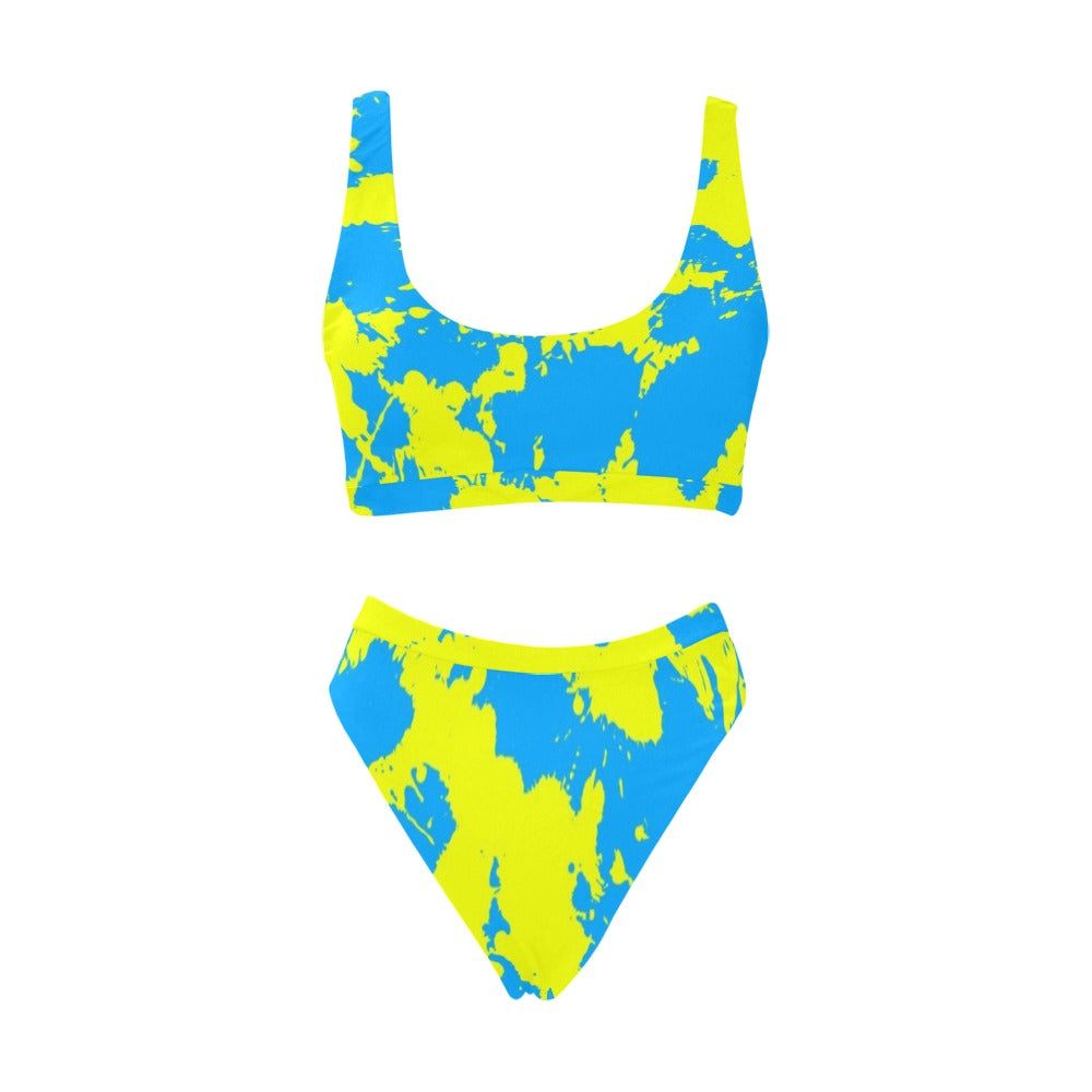 Yellow and Blue Paint Splatter Sport Top & High-Waisted Bikini Swimsuit / Rave Set