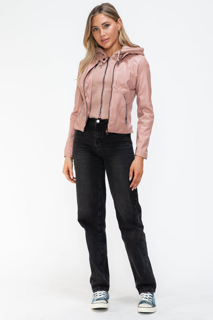 勢利仿皮拉鍊抽繩連帽夾克