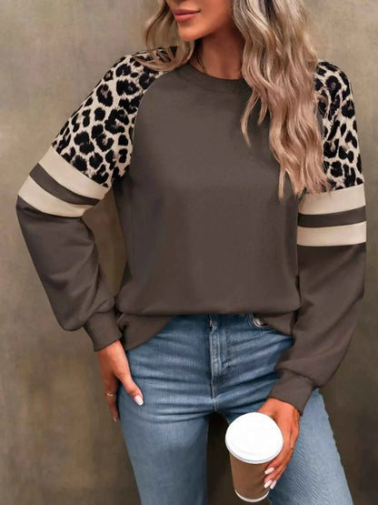 Leopard Round Neck Raglan Sleeve Sweatshirt