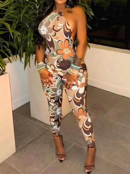 Tropical Print Bodycon Jumpsuit - Halter Neck Style
