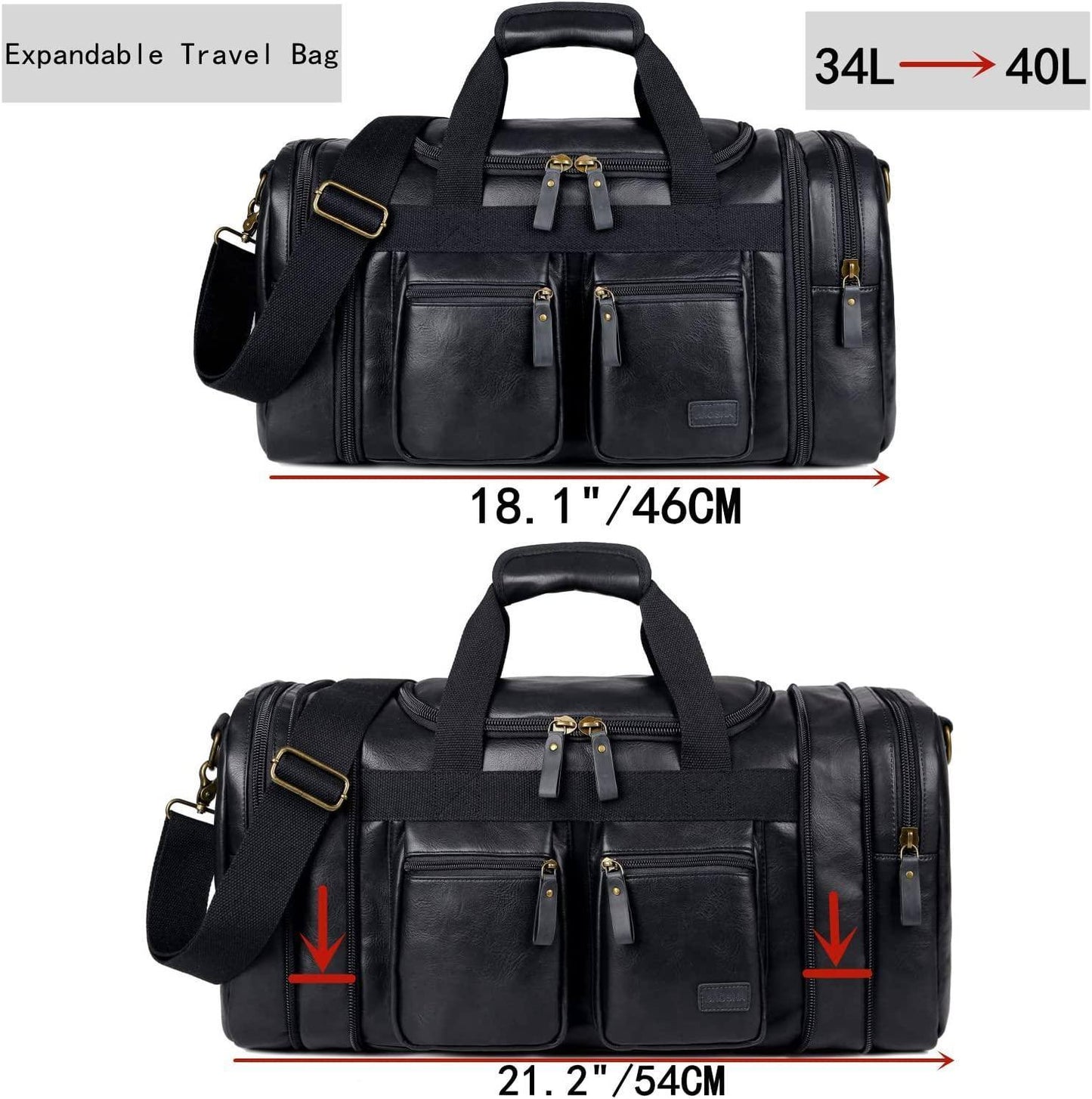 Elegante bolso de viaje de cuero tipo fin de semana – Equipaje de mano expandible de 40 l 