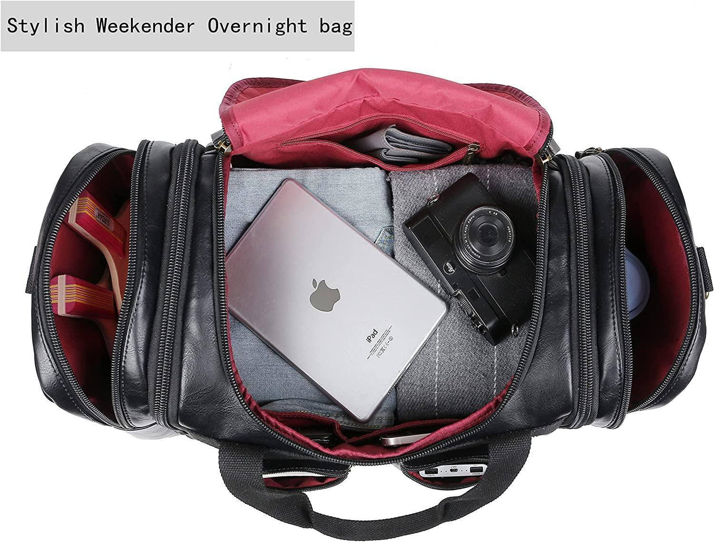 Elegante bolso de viaje de cuero tipo fin de semana – Equipaje de mano expandible de 40 l 