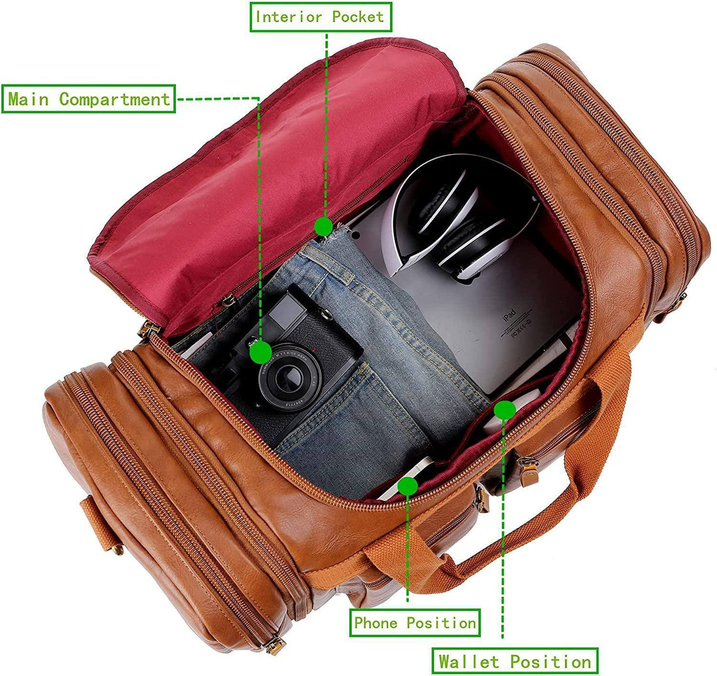 Elegante bolso de viaje de cuero tipo fin de semana – Equipaje de mano expandible de 40 l 