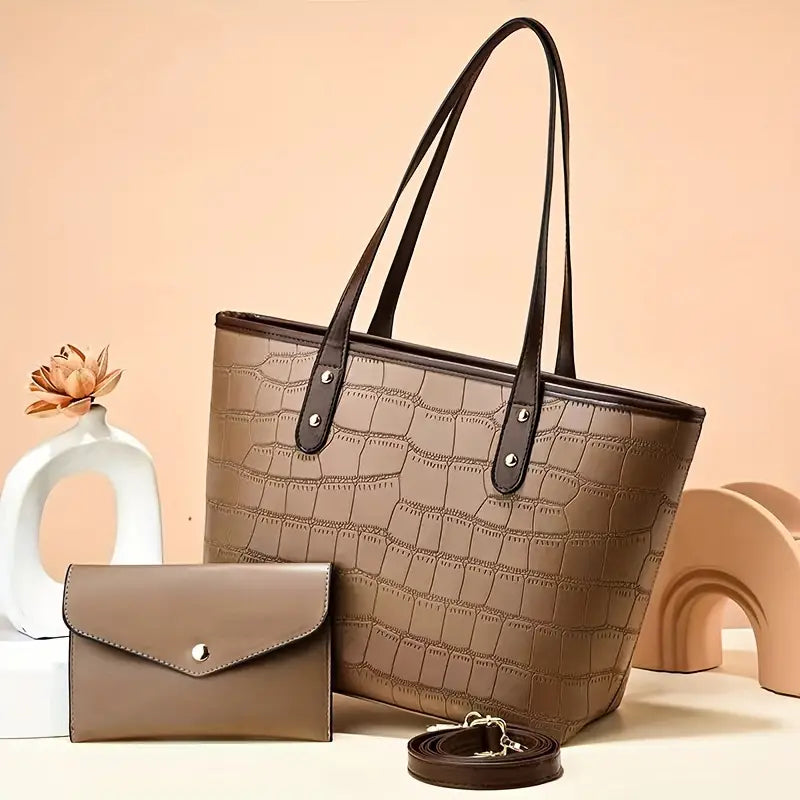 Conjunto de bolso tote con relieve de cocodrilo y cartera de mano
