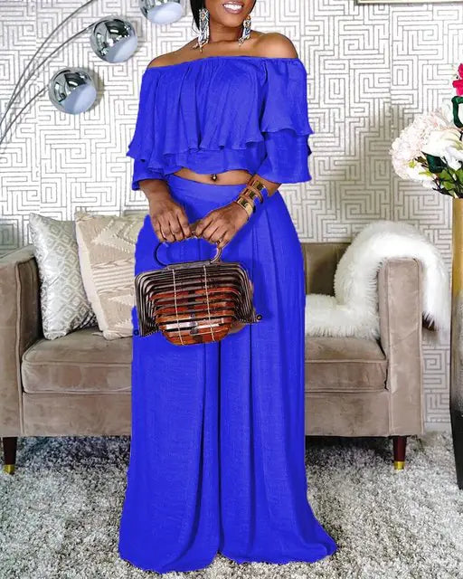 Plus Size 2 Piece Off Shoulder Crop Top & Wide Leg Pants