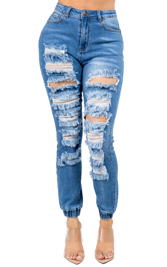Denim High Waisted Distressed Joggers