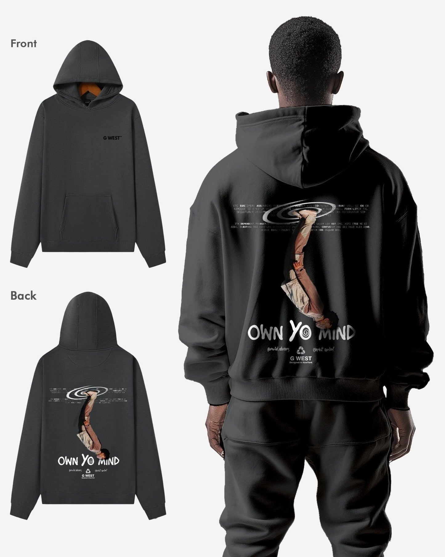 G West Mens Own Yo Mind Heavy Premium Oversized Hoodie