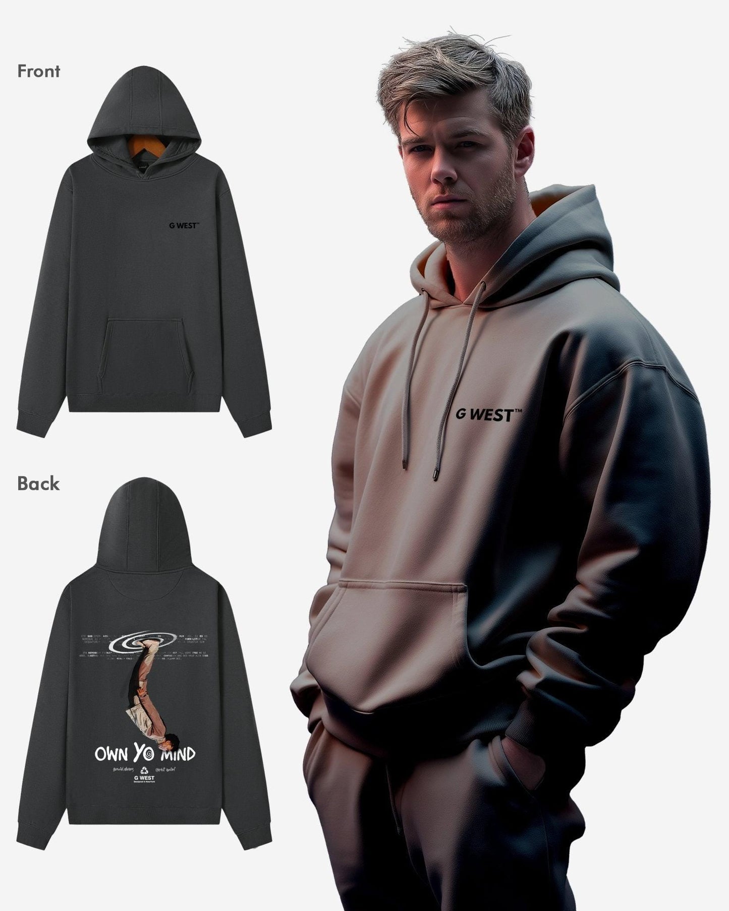 G West Mens Own Yo Mind Heavy Premium Oversized Hoodie