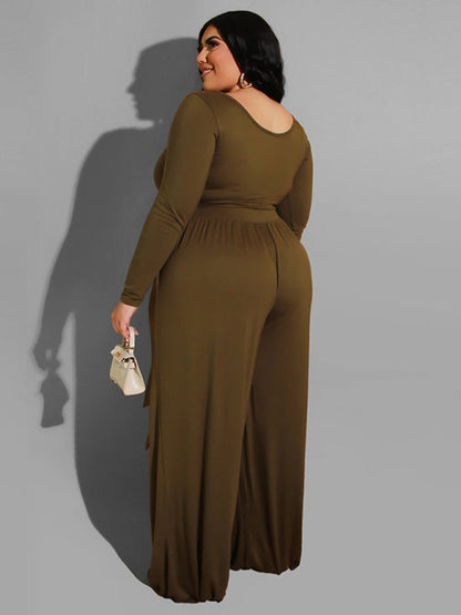 女士大尺寸純色針織休閒兩件套