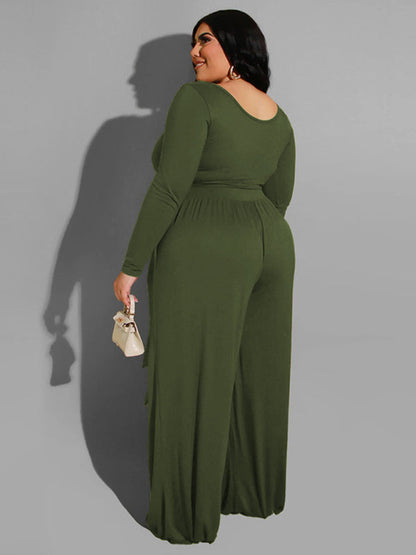 女士大尺寸純色針織休閒兩件套