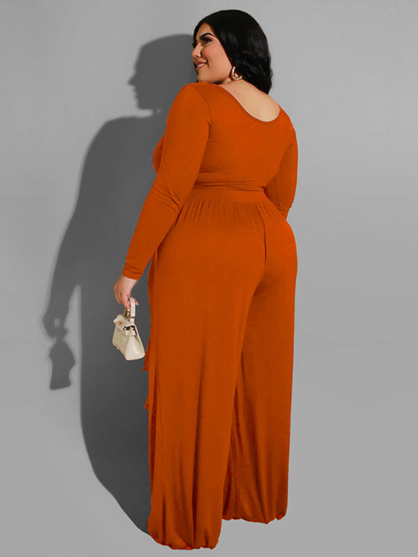 女士大尺寸純色針織休閒兩件套