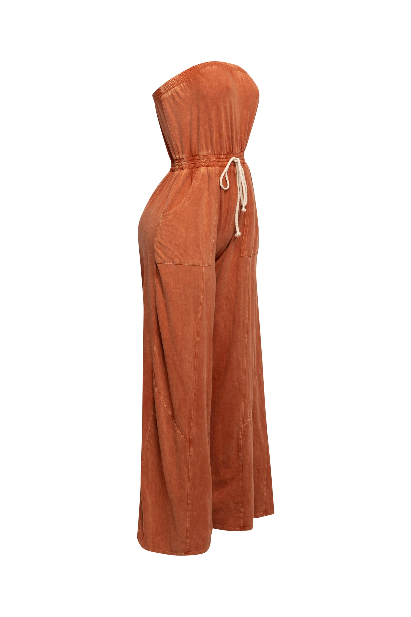 Curvy Mineral Washed Strapless Wide Leg Jumpsuit