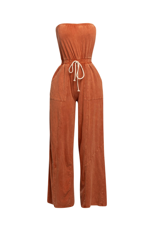 Curvy Mineral Washed Strapless Wide Leg Jumpsuit