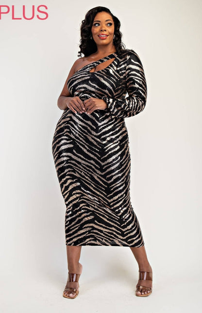 Vestido de punto con lentejuelas y un hombro descubierto de Jaylin, talla grande