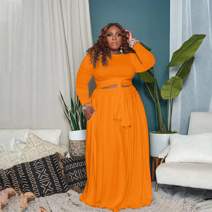 大尺碼女士性感兩件式裙裝，長袖