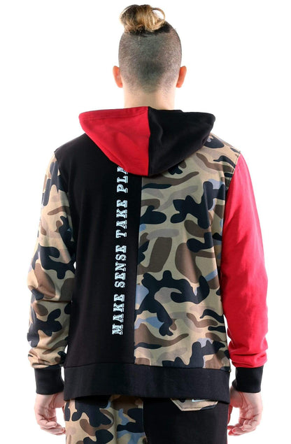 French Terry Zip Down Hoodie with Cut Block^&Patches&Prints