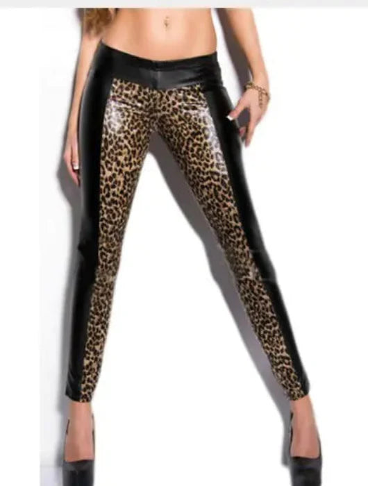 Nuevos leggings de piel sintética negros con estampado de leopardo