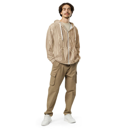 Mens Full Zip Graphic Hoodie - Beige Brown Tree Sketch Lines