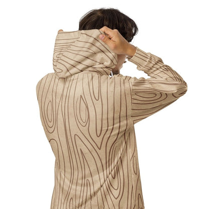 Mens Full Zip Graphic Hoodie - Beige Brown Tree Sketch Lines