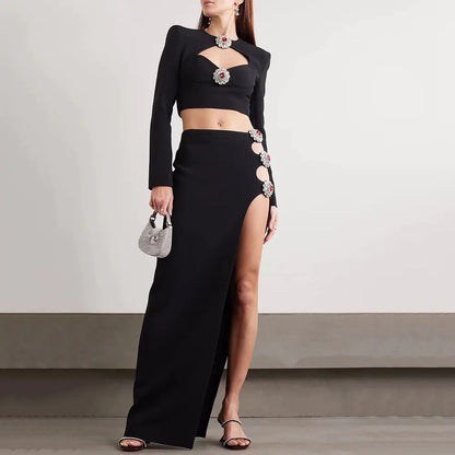 Vestido de manga larga con abertura lateral y diseño de diamante hueco