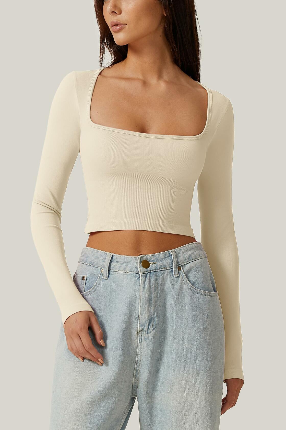 Meyeeka Womens Crop Top Long Sleeve Square Neck Beige Size M