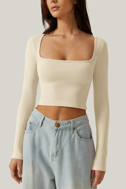 Meyeeka Womens Crop Top Long Sleeve Square Neck Beige Size M