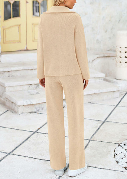 PRETTYGARDEN Womens Winter 2 Piece Sweater Set Quarter Zip Pants Beige Size XXL