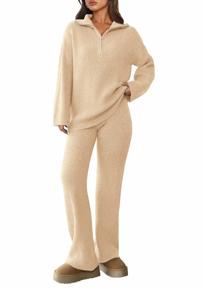 PRETTYGARDEN Womens Winter 2 Piece Sweater Set Quarter Zip Pants Beige Size XXL