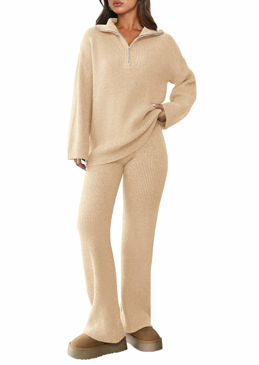 PRETTYGARDEN Womens Winter 2 Piece Sweater Set Quarter Zip Pants Beige Size XXL