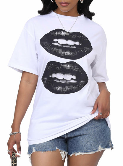 LovelyWholesale Womens Oversized Graphic Tee Short Sleeve White Size M