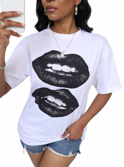 LovelyWholesale Womens Oversized Graphic Tee Short Sleeve White Size M