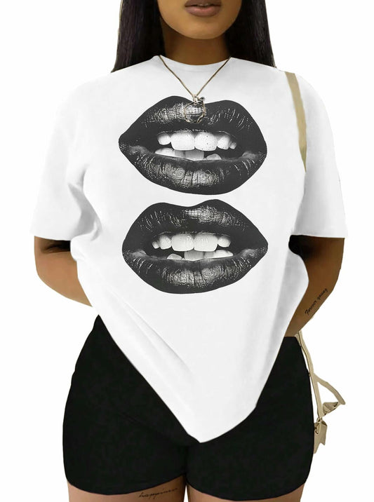 LovelyWholesale Womens Oversized Graphic Tee Short Sleeve White Size M
