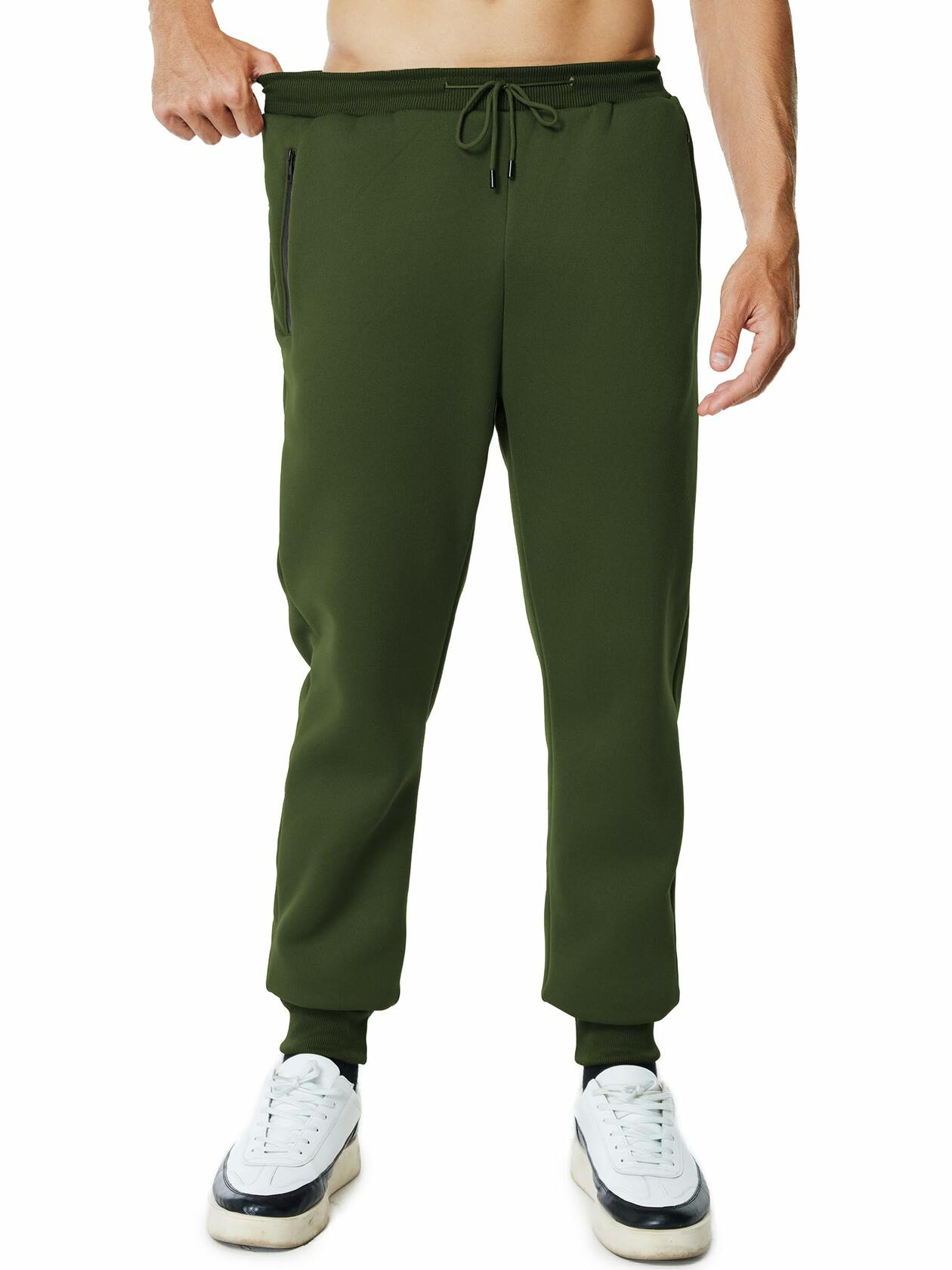 Menoio Mens Fleece Jogger Sweatpants Zipper Pockets Drawstring Green Size XL