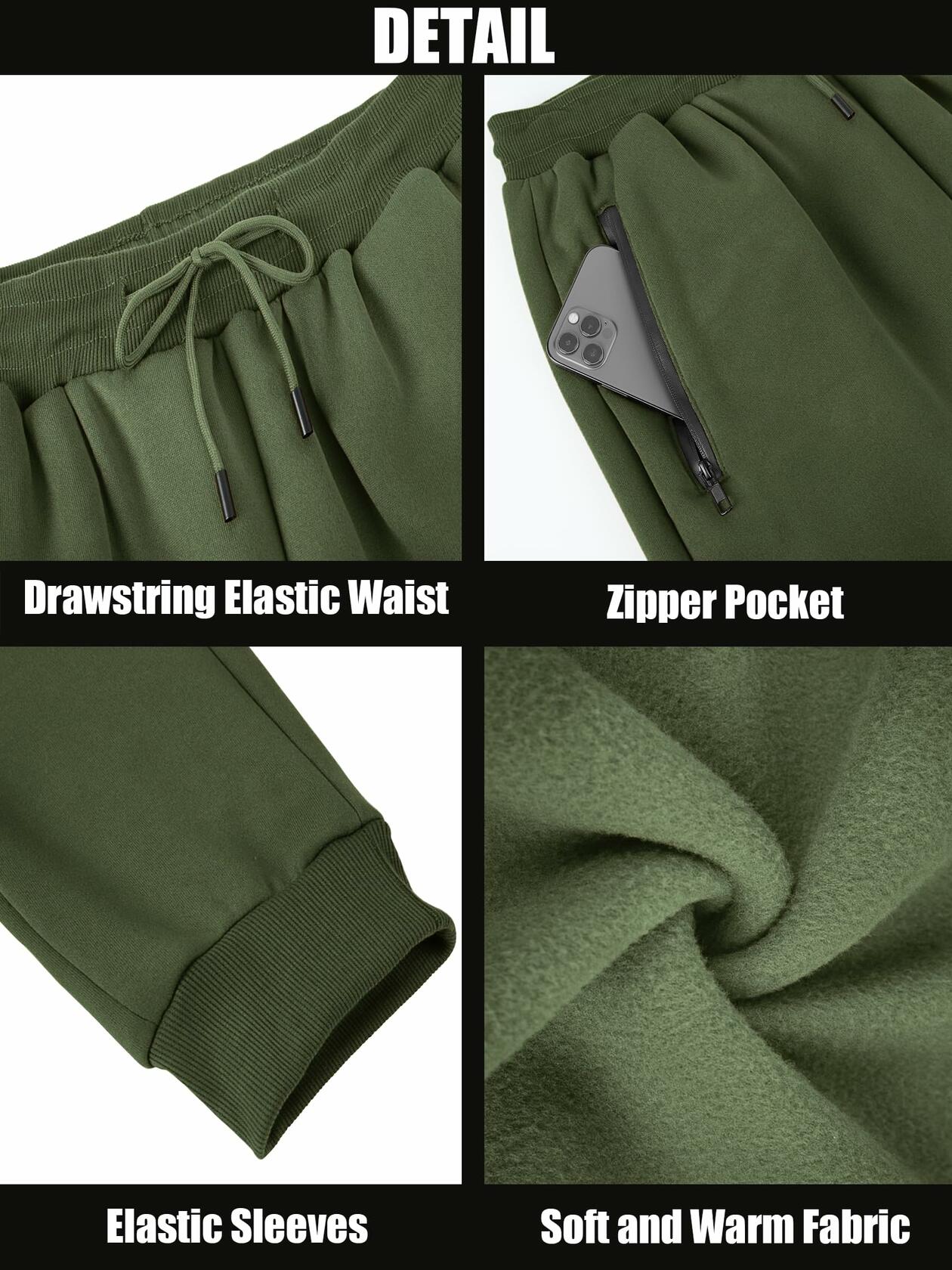 Menoio Mens Fleece Jogger Sweatpants Zipper Pockets Drawstring Green Size XL