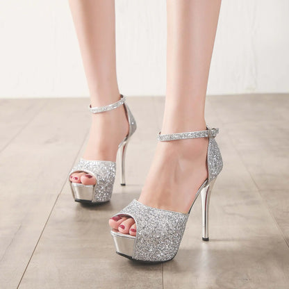 Trendy Metallic Sequin Peep-Toe High Heels Sandals