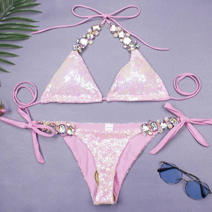 women's solid color sequins 2 piece set bikinis