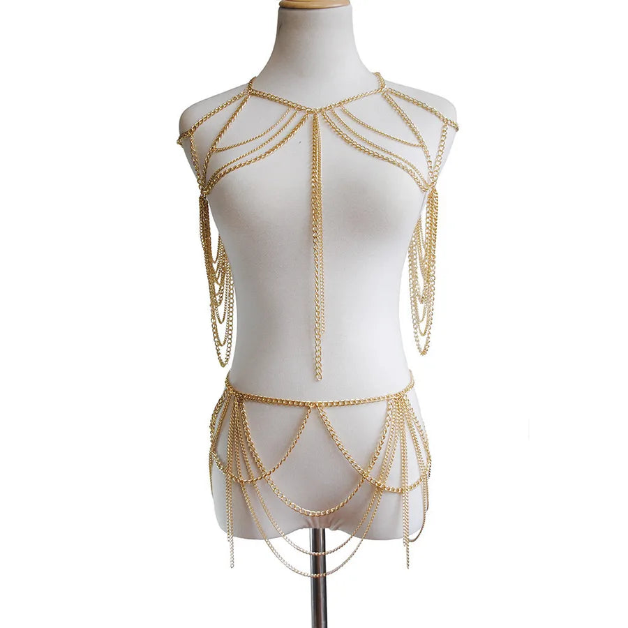 jewelry  vintage alloy chest chain women's hollow gold chain handmade body chain